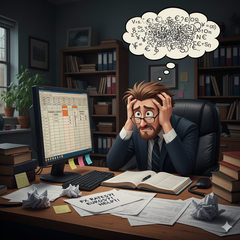 Frustrated accountant pulling their hair out over multi-currency tax documents and fiscal complications